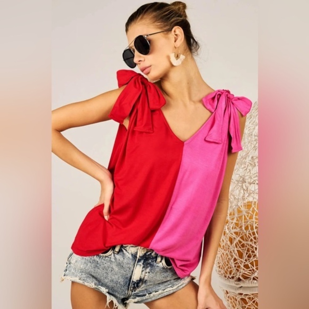 BiBi Shoulder Ribbon Tied Contrast Tank